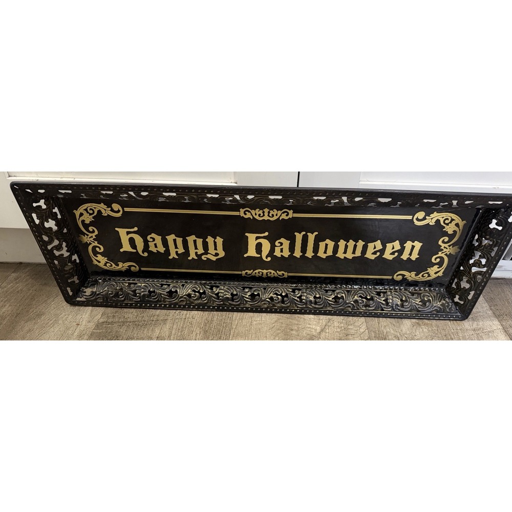 Happy Halloween Serving Display Black Gold Tray Ornate Scroll Edges Large